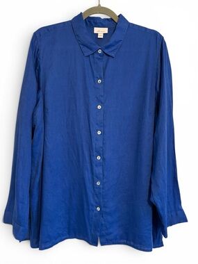 J. Jill Love Linen Blue Button Front Shirt Size Large